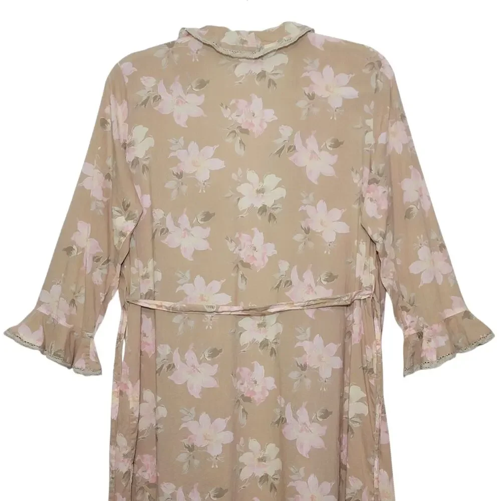 Fleurette Floral Cotton Kimono Robe Ruffle Tie Waist Maxi Beige Pink Romantic S - Picture 10 of 13